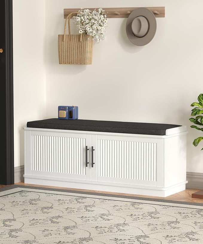Akxomel 39.4" Fluted Shoe Storage Bench 2 Doors Wooden Entryway Bench White | 2 - Image 2