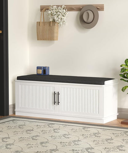 Akxomel 39.4" Fluted Shoe Storage Bench 2 Doors Wooden Entryway Bench White | 2 - Image 2