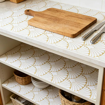 Shelf Liners Non Adhesive Gold Background White Fan-Shaped Pattern - Image 4