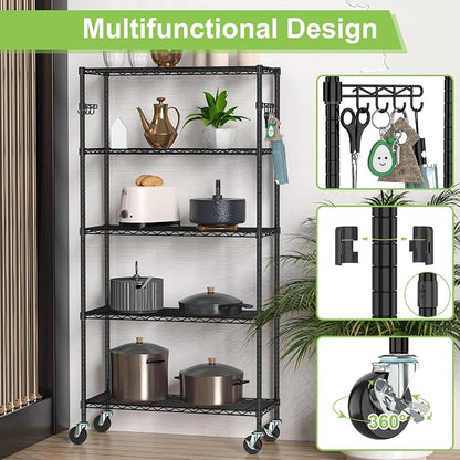 5 Tier Wire Metal Shelving Rack Garage Storage Rolling Shelves - Image 6