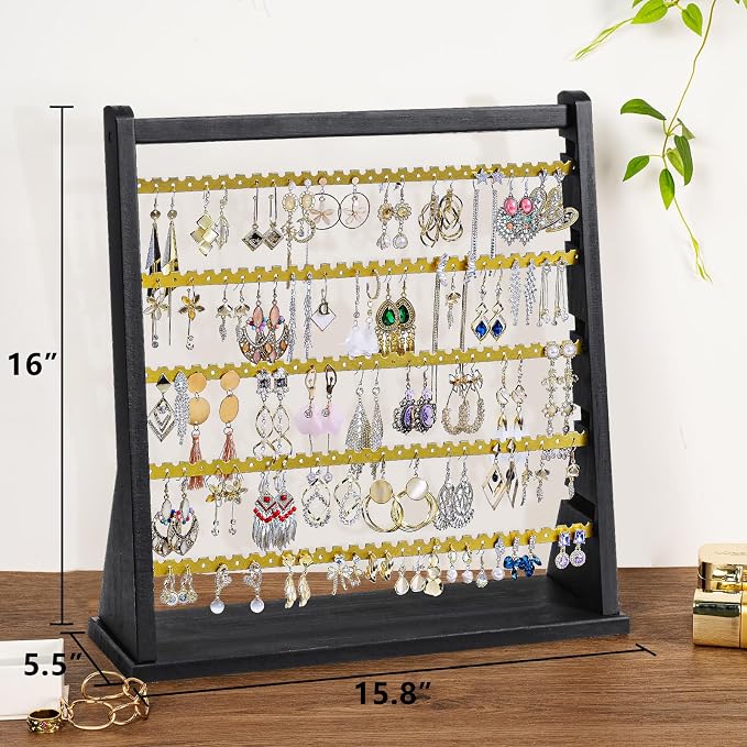 Poyilooo Earring Organizer Stand, Rustic Wood Earring Holder Rack, 5 Layer - Image 4