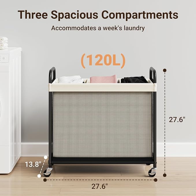 ELYKEN Laundry Hamper 3 Section, 120L Rolling Laundry Sorter - Image 3