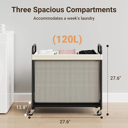 ELYKEN Laundry Hamper 3 Section, 120L Rolling Laundry Sorter - Image 3