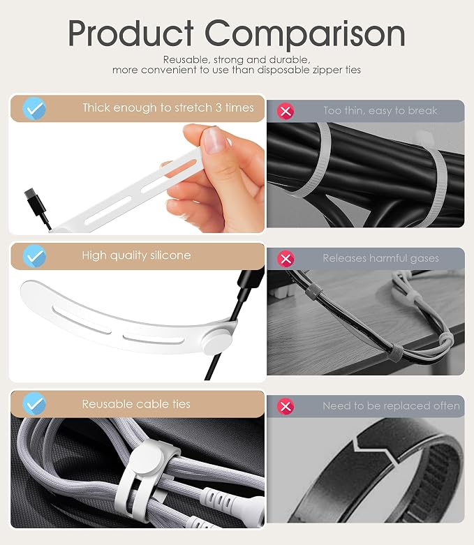 20Pcs Nearockle Reusable Cable Ties, Adjustable Silicone Cord Organizer Small - Image 3
