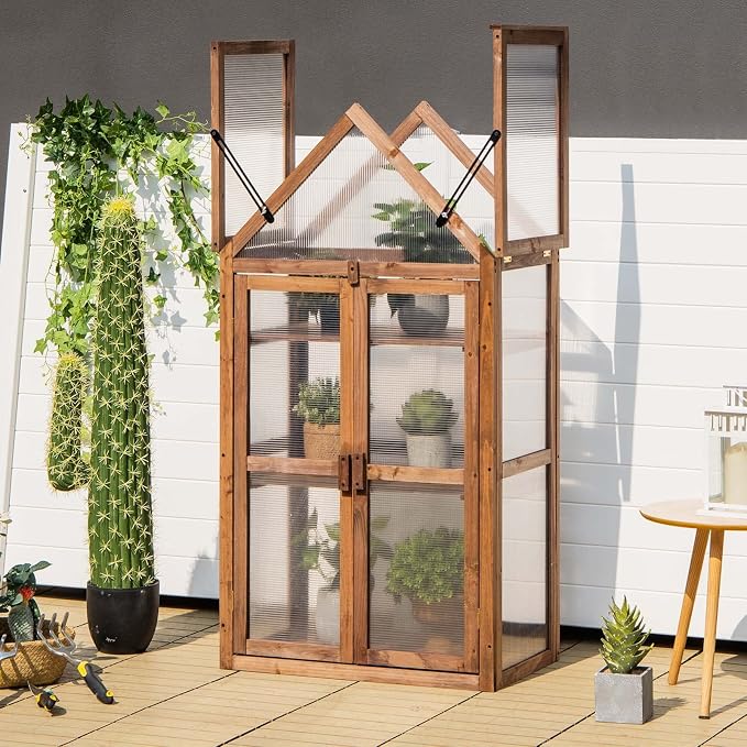 Giantex 3-Tier Garden Cold Frame, Portable Wooden Mini Greenhouse Storage - Image 3