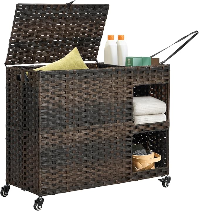 Laundry Hamper with Wheels, 42.3 Gal. Laundry Sorter with Shelves, Rattan by Hiagnete