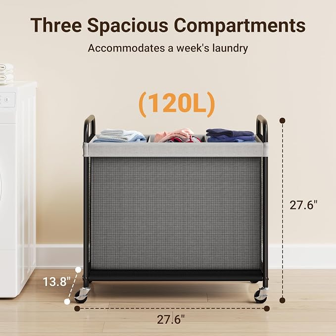 ELYKEN Laundry Hamper 3 Section, 120L Rolling Laundry Sorter - Image 3