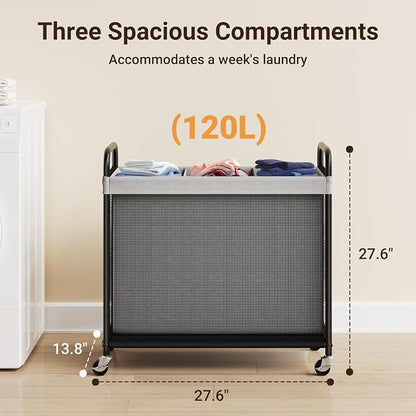 ELYKEN Laundry Hamper 3 Section, 120L Rolling Laundry Sorter - Image 3