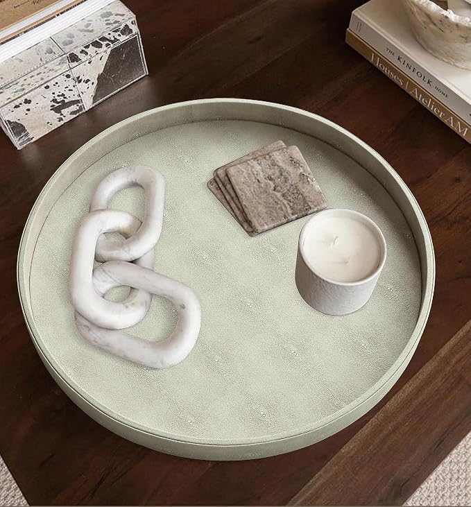 HofferRuffer Large Round Serving Tray 24'', Elegant Faux Leather Circle Ottoman - Image 6