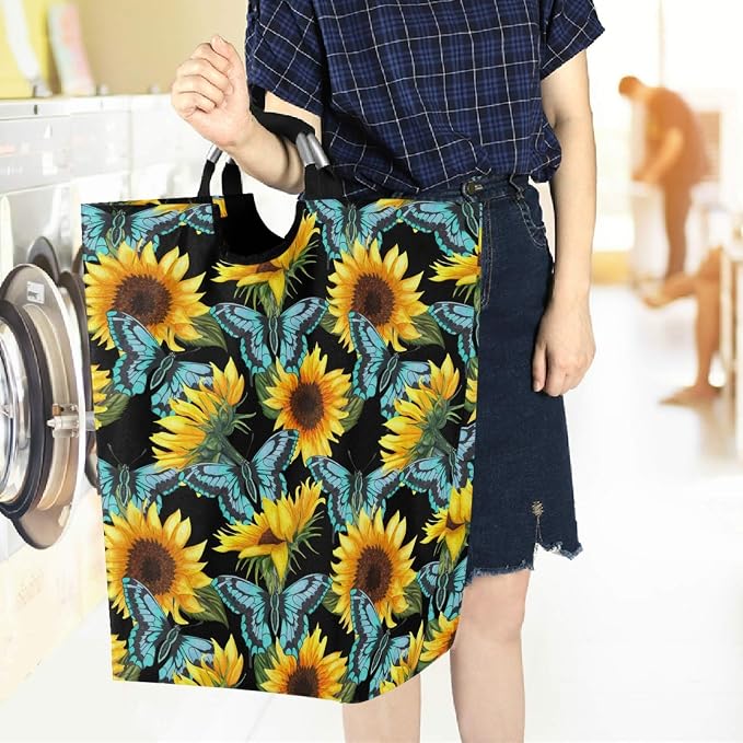 Abstract Sunflower With Blue Butterfly Large Laundry Hamper with Handle - Image 6