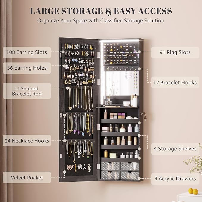 Vlsrka 47.2" LED Jewelry Armoire Organizer, Wall/Door Mounted - Image 2