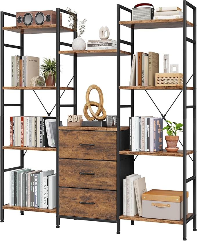 AFLUI Triple Bookshelf with 3 Fabric Drawers, 4-Tier Book Shelf and 10 Display by Unknown