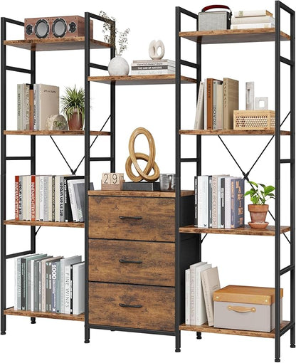 AFLUI Triple Bookshelf with 3 Fabric Drawers, 4-Tier Book Shelf and 10 Display by Unknown