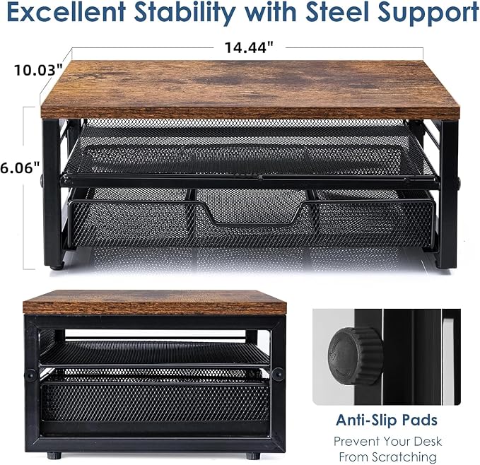 ARCOBIS Monitor Riser with Drawers and Pen Holders, Wood & Mesh Metal Computer - Image 3