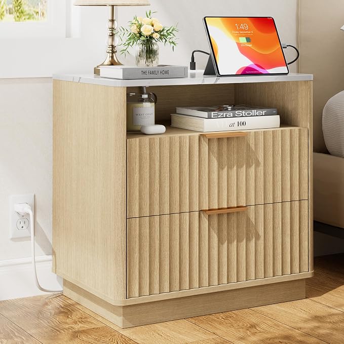 Large Fluted Night Stand with Charging Station, 2 Drawers Nightstand with by FavourLife