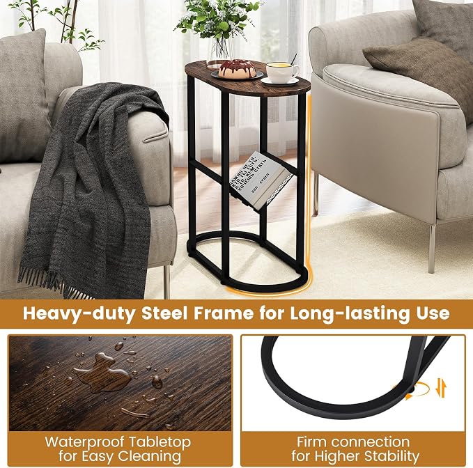 Tangkula Oval Narrow Side Table, 2-Tier End Table w/Mesh Magazine Rack - Image 5