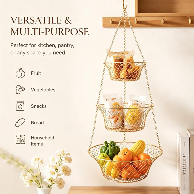 3-Tier Copper Hanging Basket for Kitchen & Bathroom | Maximize Space - Image 3
