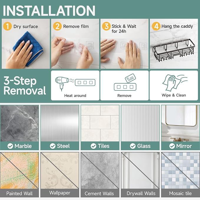 Veken Shower Caddy 6-Pack, Advanced Rustproof Design, No Drilling Adhesive - Image 9