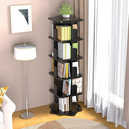 MHOM Black Rotating Bookshelf, 360 Display 5 Tier Rotating Bookshelf Tower - Image 7
