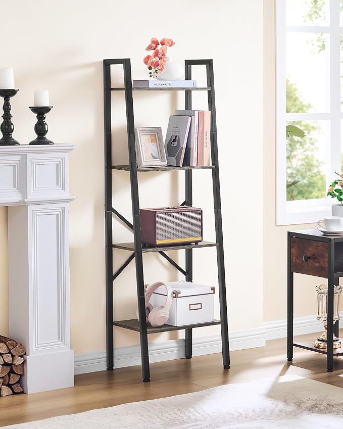 Hoctieon 4-Tier Industrial Ladder Bookshelf, Narrow Ladder Shelf, Tall Standing - Image 2