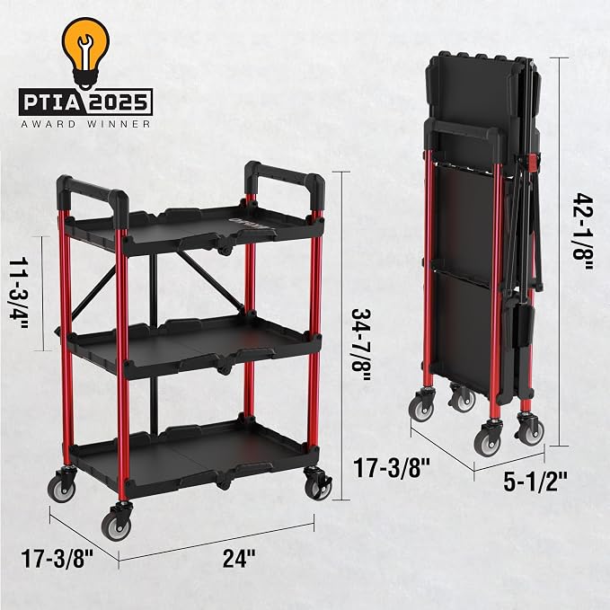 WORKPRO 3-Tier Collapsible Service Cart, 210 LBS Foldable Utility Service Cart - Image 3