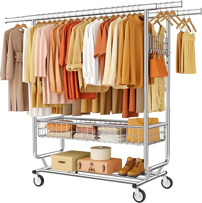 Heavy Duty Clothes Rack with Metal Basket, 720 LBS Rolling Double Rod Garment by Gewudraw