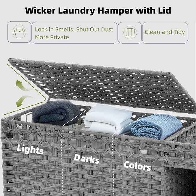 Laundry Hamper with Lid, 160L Rattan Wicker Laundry Basket with Wheels - Image 6