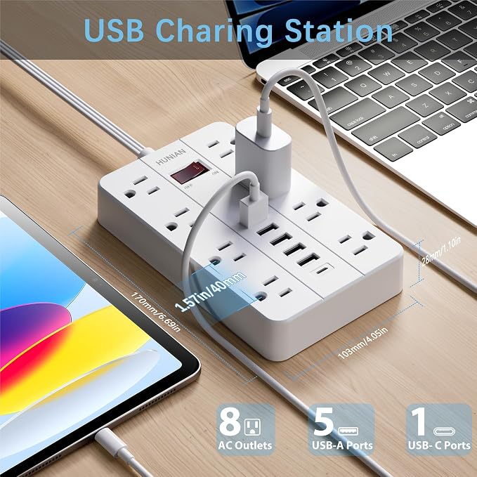 Extension Cord Power Strip Surge Protector 15 Ft, HUNIAN Flat Plug - Image 2