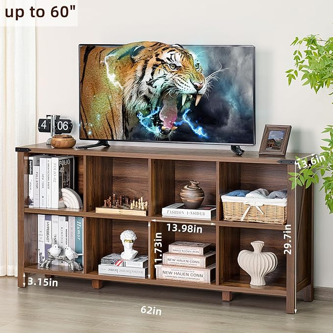 8 Cube Book Shelf, Farmhouse Wood Long Storage Organizer Bookcase, Hallway TV - Image 2