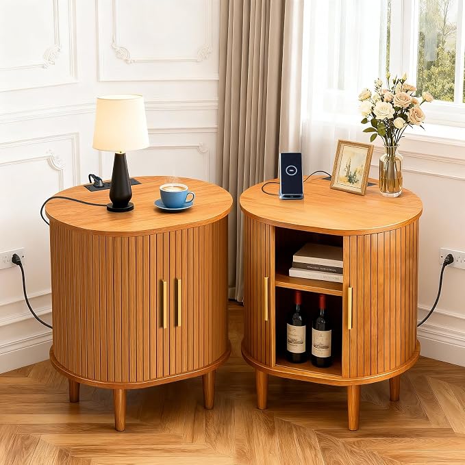 Nightstands Set of 2 & Charging Station, Fluted Accent Side Table by DHHFurnitureBuyNow