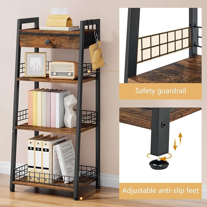 4-Tier Ladder Shelf with Drawer, Bathroom Stand Floor Storage Shelf, - Image 4