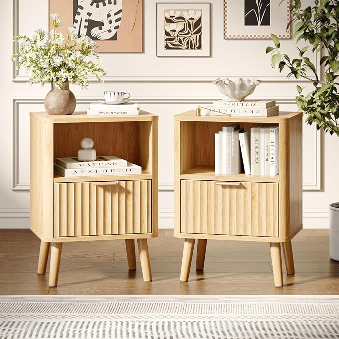 VINGLI Fluted Nightstand Set of 2, Modern End Table by VINGLI