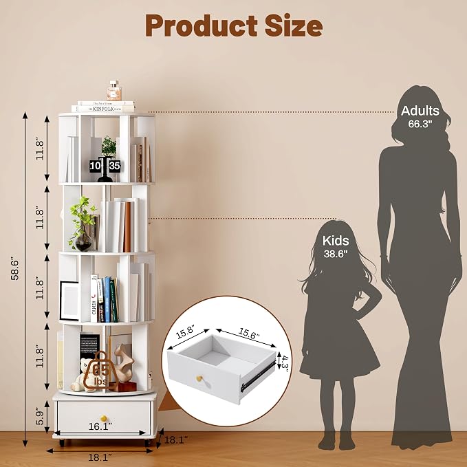 4 Tier Wood Rotating Bookshelf, 360° Spinning Bookshelf Tower - Image 2