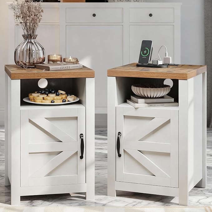 Farmhouse Nightstand with Charging Station, Couch Side Table Set of 2, Bedside by Unknown