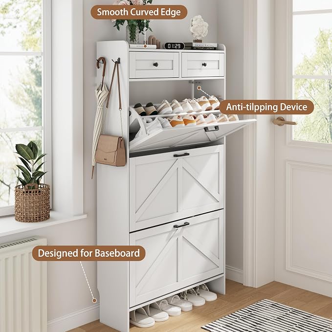 Shoe Cabinet with 3 Flip Drawers & 2 Top Drawers, Hidden Slim Shoe Rack - Image 5