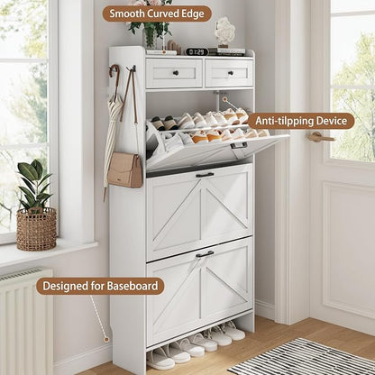 Shoe Cabinet with 3 Flip Drawers & 2 Top Drawers, Hidden Slim Shoe Rack - Image 5