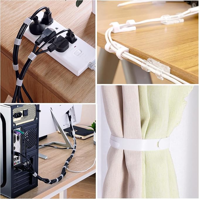 White Cable Management Organizer Kit 4 Cable Sleeve Split, 47Cable Clips 12Cord - Image 6