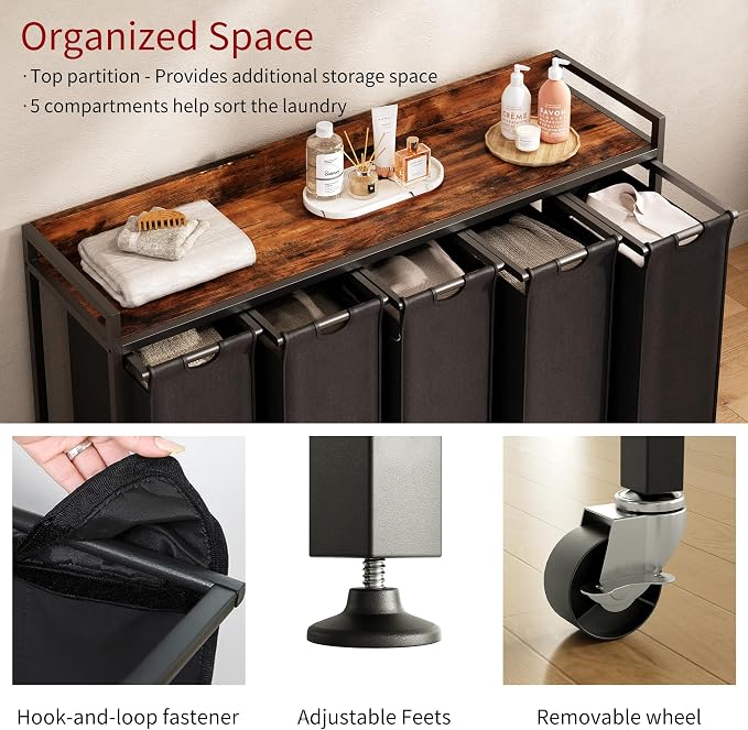Laundry Hamper with Shelf, Laundry Basket 5 Section, Laundry Sorter with - Image 3