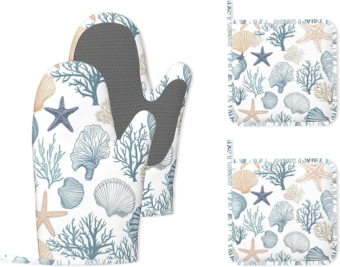 Starfish Coral Shells Ocean Silicone Oven Mitts and Pot Holders, Heat-Resistant by Unknown