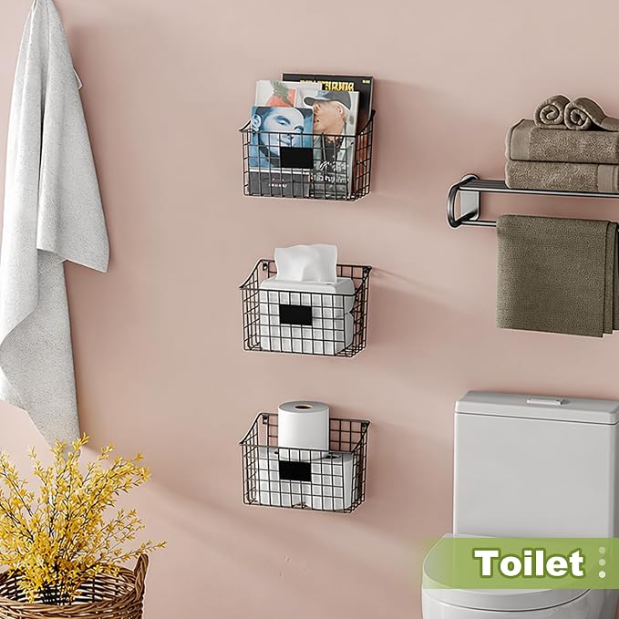 Wall Mounted Bin Basket with 5 Hooks 3 Label Plate Adhesive-3 Pack, Cabinet - Image 6