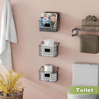 Wall Mounted Bin Basket with 5 Hooks 3 Label Plate Adhesive-3 Pack, Cabinet - Image 6