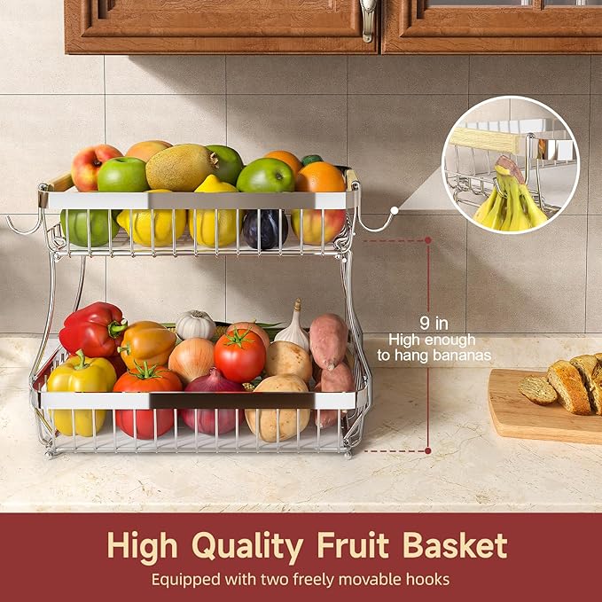 2-Tier Fruit Basket with Banana Hangers, Detachable Metal Bowl | Wooden handle - Image 2