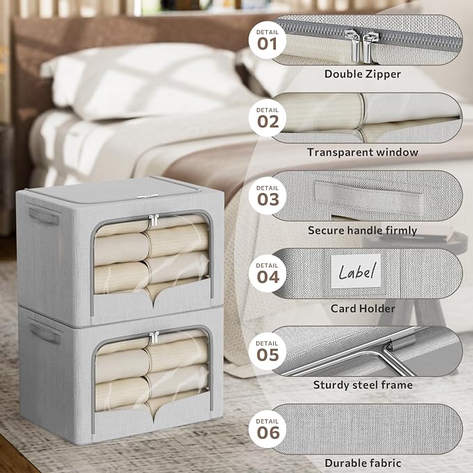 FHSQX 3 Pack Clothes Storage Bins Foldable Metal Frame Storage Box Extra Large - Image 2