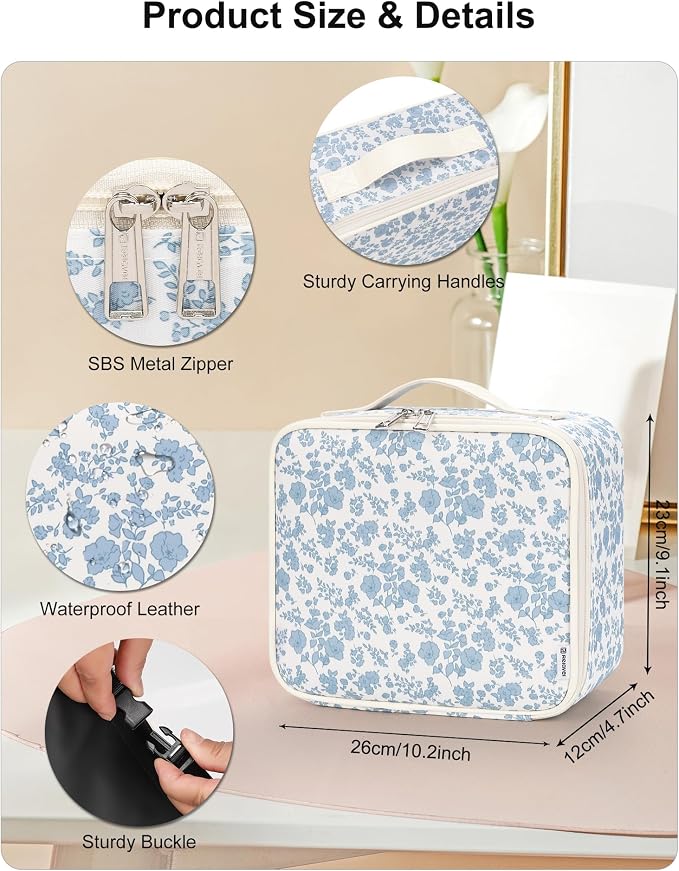 Relavel Travel Makeup Bag with LED Mirror, Floral Train Case with Dividers | - Image 2