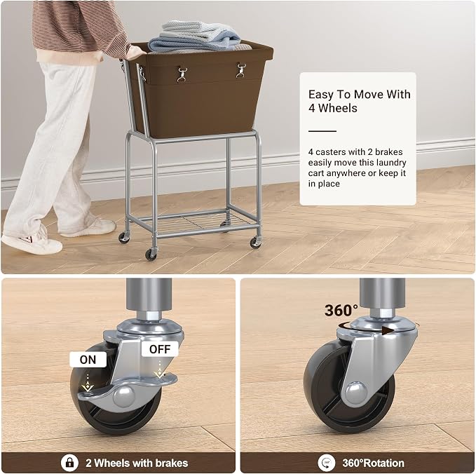ELYKEN Laundry Cart with Wheels, Rolling Laundry Hamper with Removable Bag and - Image 5