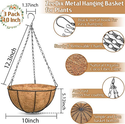 3 Pack 10 Inch Metal Hanging Baskets, Round Wire Hanging Planters - Image 2