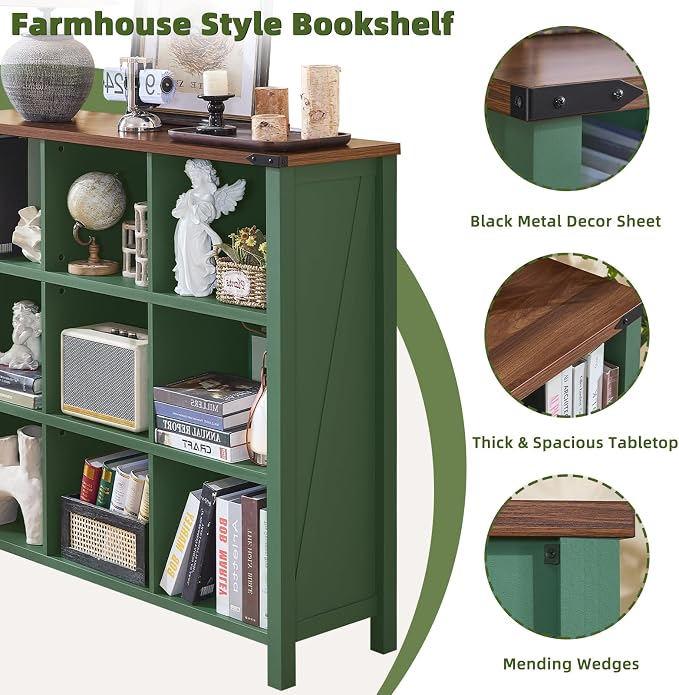 Joaxswe 9 Cube Storage Organizer, Farmhouse 47 Inch Wide Vintage Green Bookshelf - Image 6