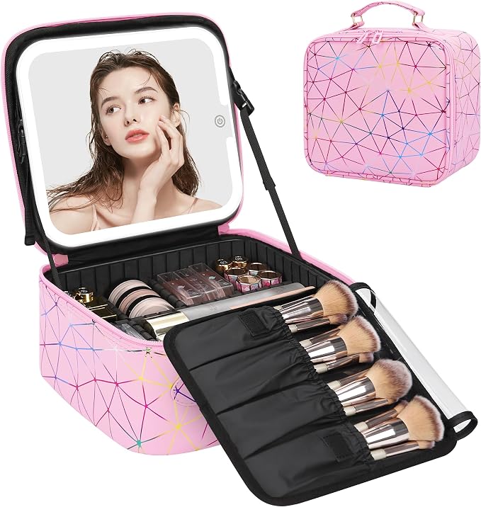 Relavel Travel Makeup Bag with LED Mirror, Portable Cosmetic Train Case with 3 by Relavel