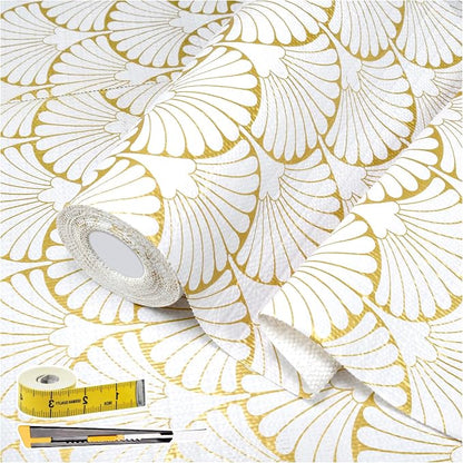 Shelf Liners Non Adhesive Gold Background White Fan-Shaped Pattern by Kimhan