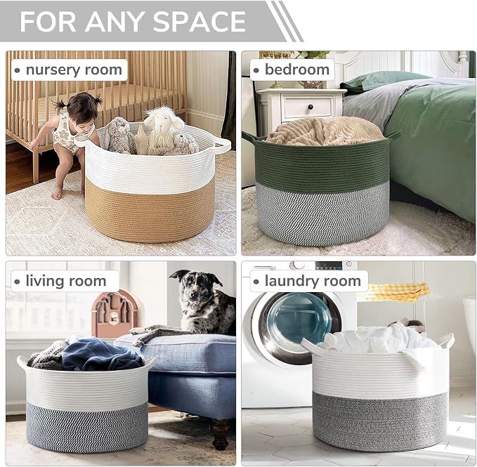 INDRESSME Large Storage Basket, 21.7'' x 13.8'' Cotton Rope Blanket Basket - Image 5
